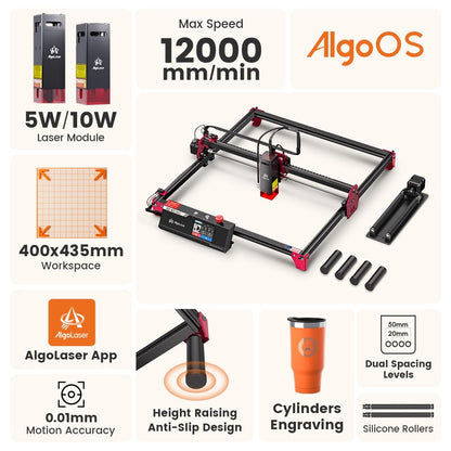 AlgoLaser 10W Smart Laser Engraver with Rotary Roller & Riser