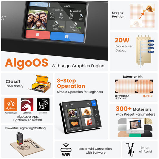 AlgoLaser 20W Smart Laser Cutter & Engraver with Air Assist System