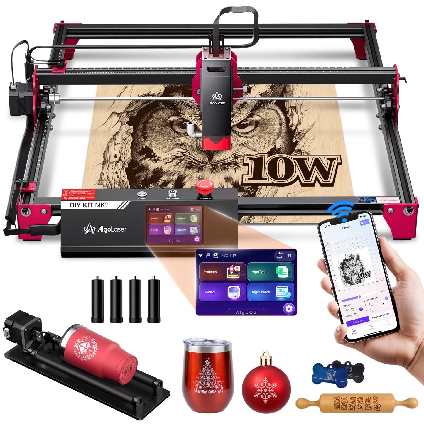 AlgoLaser 10W Smart Laser Engraver with Rotary Roller & Riser